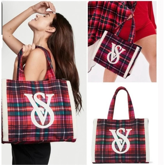 NWT Victoria's Secret Holiday Christmas Plaid Fleece-Trim Tote Bag - Picture 2 of 14